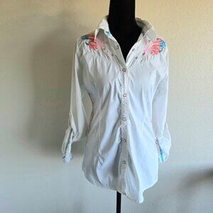 Destined To ROAR White Snap Front Embellished Cotton Blend Western Shirt Size S